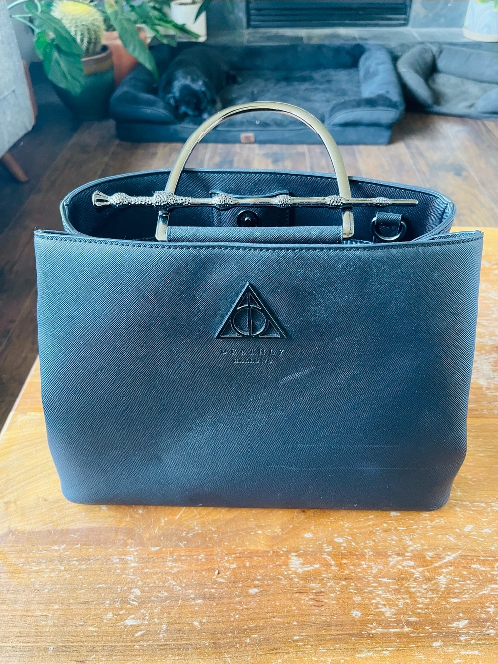 Loungefly Black Deathly Hallows Structured Handbag with Silver Handles